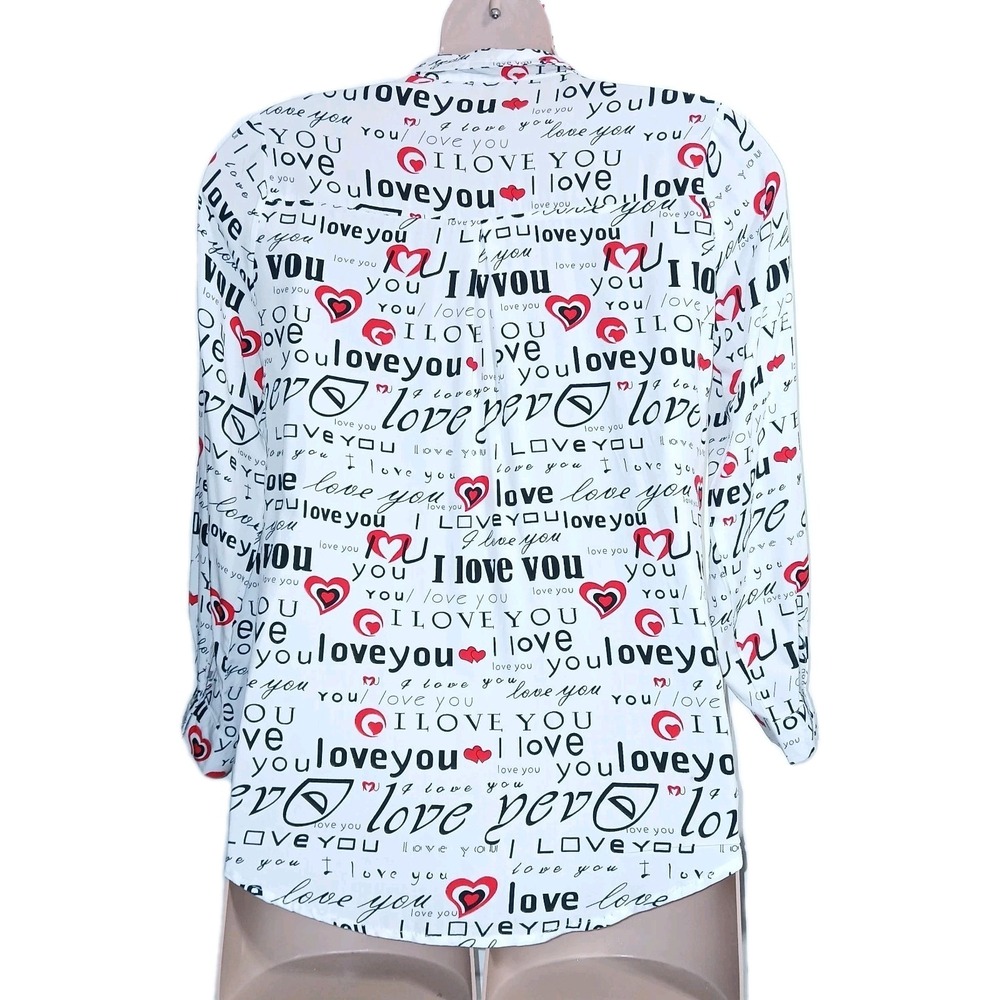 Milk & Honey Women Novelty Button Down Shirt XL White Red Hearts Love Valentine - Picture 4 of 6